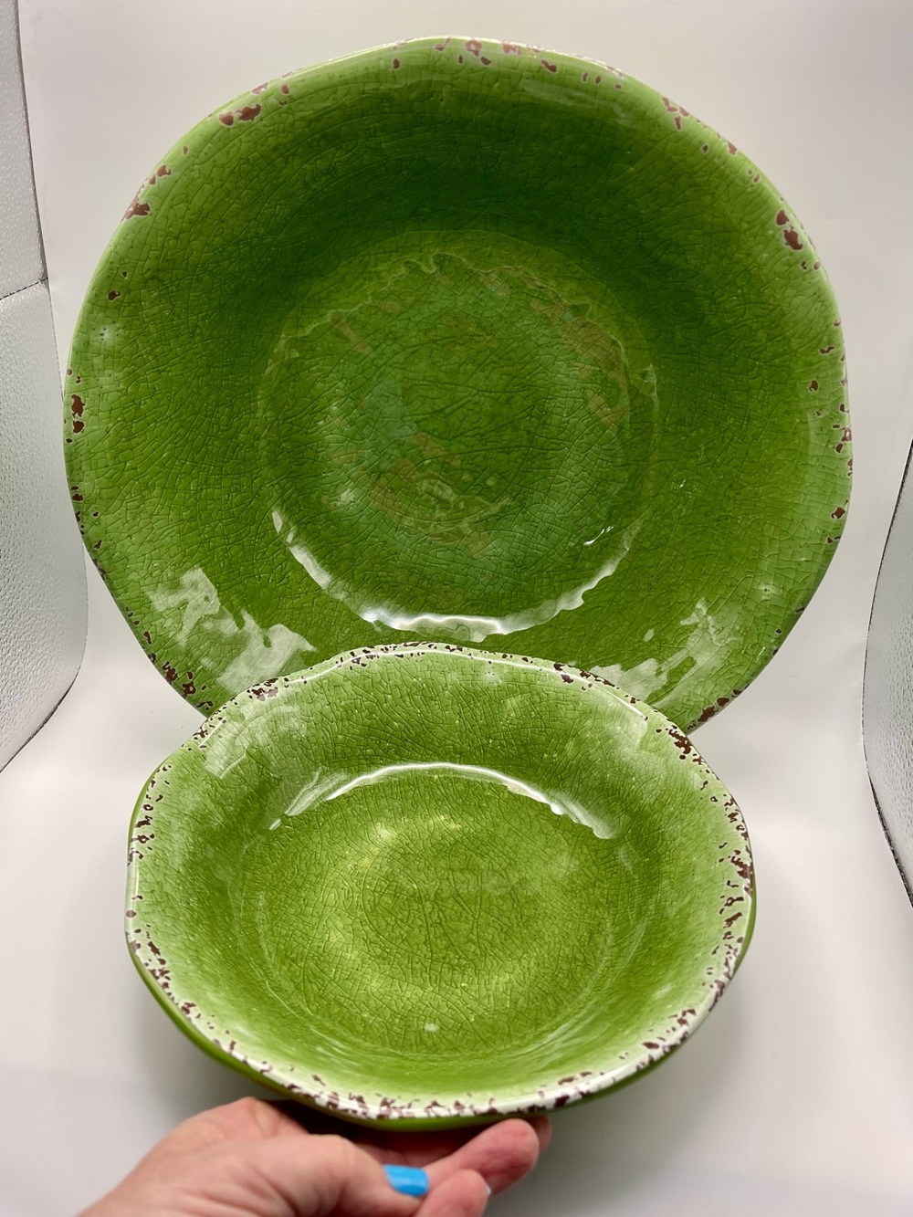 Pier 1 Vintage Carmelo Green Melamine Serving Bowls 12” & 9” Discontinued